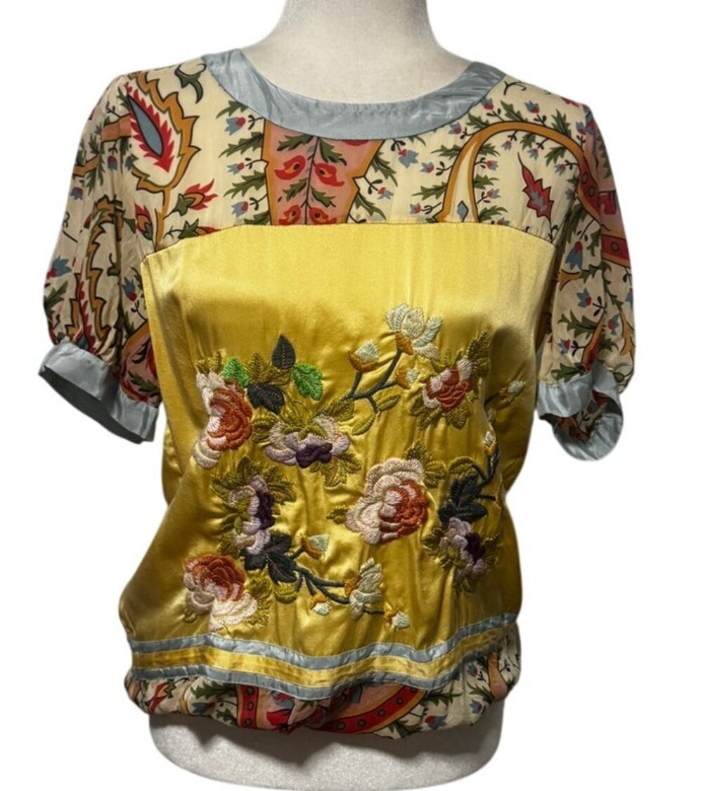 Johnny Was Mistic Tunic XS Yellow Floral Embroidered Paneled Boho Rayon TopTop